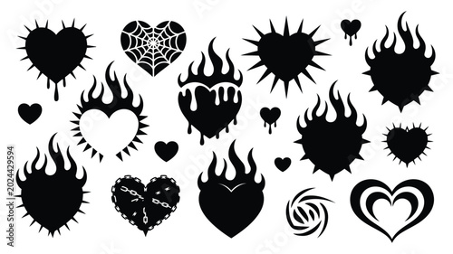 Black and white stylized hearts collection with flames chains and spikes