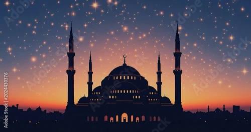 Mosque Silhouette at Night with Stars.