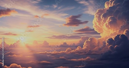 Vibrant Sunset Sky with Fluffy Clouds.