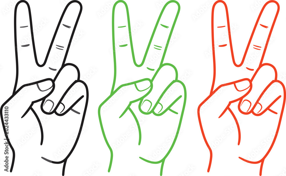 Fototapeta premium Three hand gestures showing peace signs in black, green, and red outline