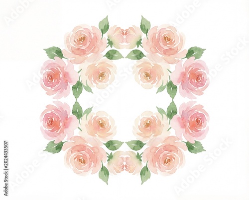 Elegant Watercolor Floral Wreath Illustration featuring Delicate Pink and Peach Roses with Green Leaves, Ideal for Decorative Design Elements