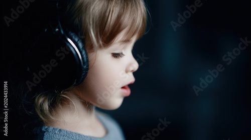 Little girl singing in recording studio wearing headphones, music class and learning concept