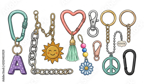 Konstfotografi Cute colorful keychain accessories set carabiners chains clips charms vector ill