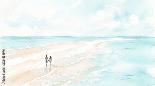 Couple walking on a vast sandy beach with blue water and cloudy sky.