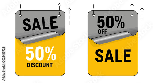 Tableau sur toile Two sale discount tags featuring 50% off, one with a peeling sticker effect and