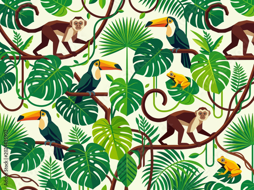 Photography Seamless Tropical Jungle Pattern with Monkeys, Toucans, and Yellow Frogs