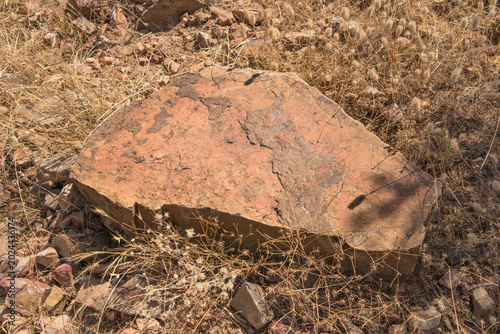 Photos Ancient reddish ferruginous rock with warm earthy tones and natural cracks surrounded by dry summer scrubland