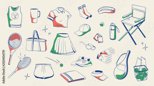 Retro Tennis Apparel and Equipment Vector Seamless Pattern, Hand Drawn Sportswear, Rackets, Balls, Skirt and Uniform Wallpaper.