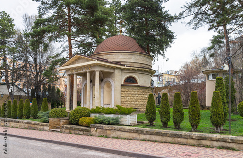 Kislovodsk. Caucasus. An Orthodox chapel in Alexey Rebrov Square in the center of the resort town near the Narzan Gallery on a spring day. A beautiful cityscape