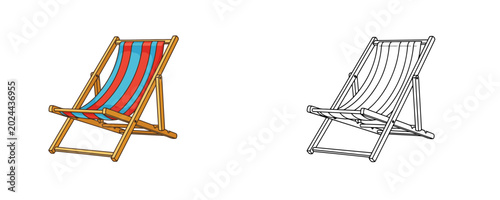Fotografie Color and line art beach deck chair cartoon illustration featuring red and blue