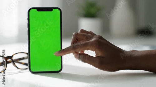 Hand Interacting with Green Screen Smartphone Display on White Desk, Ready for Content Mockup
