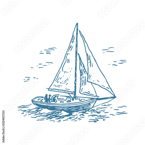 Hand Drawn Sailboat Sailing on Calm Sea Near Shore, Hand Drawn Vector Ink Illustration. 
Nautical maritime illustration in sketch line art style. Ideal for maritime lifestyle themes, and coastal decor