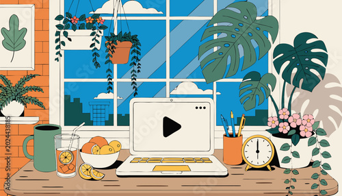 Fotografie Vector office workspace, home office setup, laptop with video call, plants and s