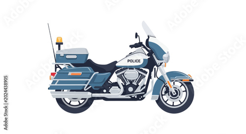 Illustration of a blue police motorcycle with a siren and storage compartments.