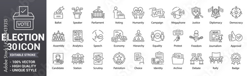 Election line icon set. Editable stroke politics, government, democracy, voting, leadership and more collection. Vector illustration.