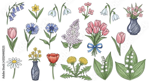 Tableau sur toile Vibrant hand-drawn spring flowers and botanical collection, featuring an assortm