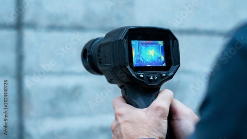 Fotografi A professional building inspector holds a handheld thermal imaging camera displa