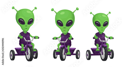 Foto Three green aliens riding purple tricycles, cartoon style, white background