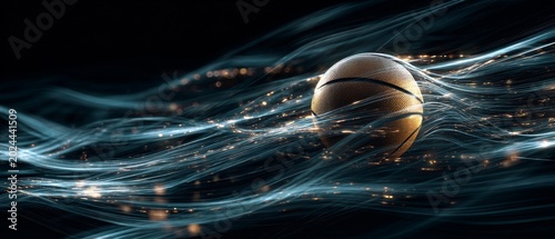 Basketball surrounded by dynamic swirling light effects on dark background