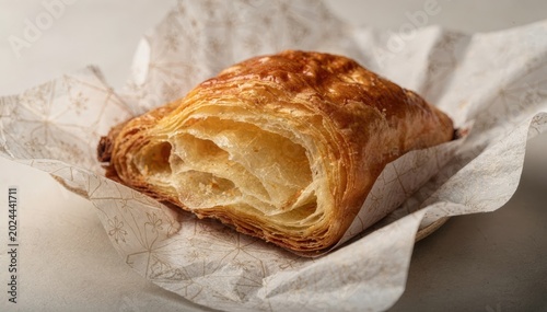 Closeup medium shot of a buttery pastry encased in patterned greaseproof paper featuring elegant designs emphasizing artisanal bakery presentation.