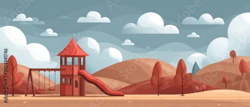 Scenic autumn playground with slide and swings in park landscape