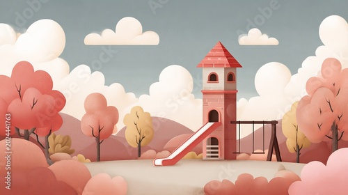 Whimsical autumn playground with slide and trees under cloudy sky