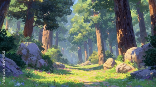 Serene forest pathway surrounded by lush green trees and sunlight