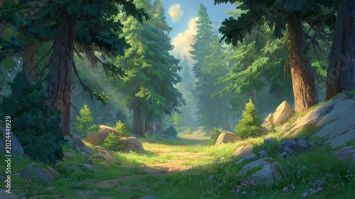 Sunlit forest path surrounded by lush green trees and foliage