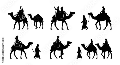 Tableau sur toile Camel Caravan Silhouettes, Desert Travel, Middle Eastern Figures, Vector Icons