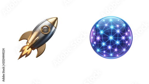 3D Rocket Launch and Digital Global Network Connectivity Illustration