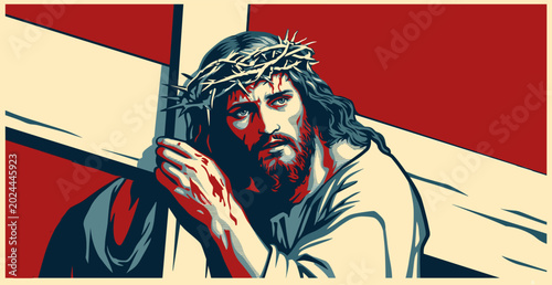 Tableau sur toile Jesus Christ wearing a crown of thorns and holding a cross