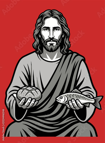 Tableau sur toile Jesus Christ holding bread and fish in his hands calmly