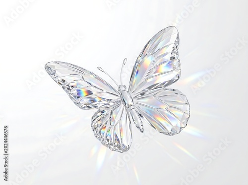 Crystal butterfly sculpture with rainbow colors on white background