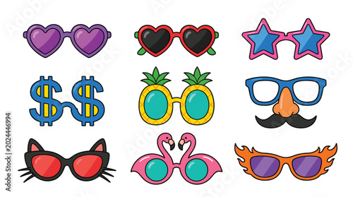 Bild auf Leinwand Funny Novelty Party Glasses Collection with Heart Star Flamingo Pineapple Dollar Sign and Costume Frames for Photo Booth and Festival Designs
