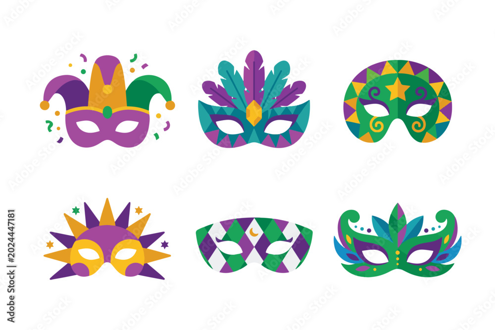 Fototapeta premium Colorful Mardi Gras Masquerade Masks Set, Festive Carnival Mask Collection with Feathers and Ornaments Vector Illustration