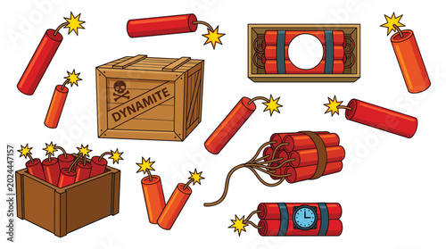 Photos Cartoon Dynamite Explosion Collection with TNT Bomb Fuse and Explosive Crate Illustrations for Mining Action and Danger Warning Design Projects