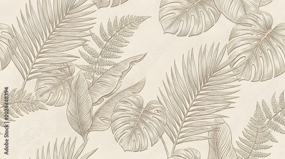 Neutral tropical foliage background, monochrome embossed leaf arrangement, artistic engraving style, seamless wallpaper design, soft ivory and taupe tones, textured organic surface, minimal luxury 