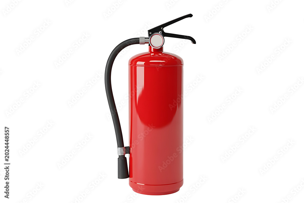 Obraz premium Red fire extinguisher isolated on transparent background with black handle