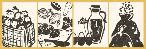 Set of hand drawn food icons. Vegetables, seeds, olive oil, strawberiies, eggs. Simple eco design. Vector menu, recipe, logo. Poster, card composition. Wall art.	
