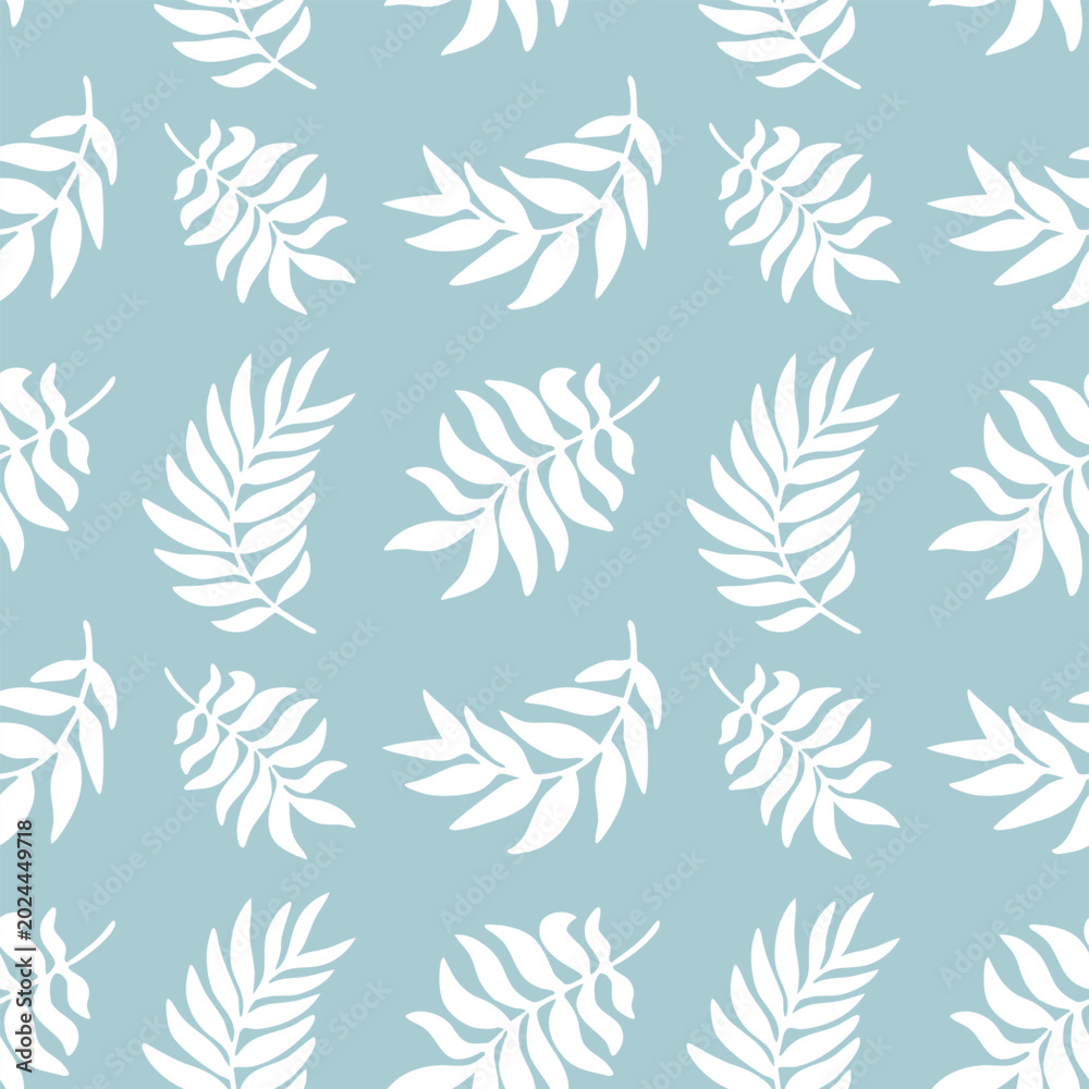 Fototapeta premium Seamless tropical leaf pattern featuring elegant white botanical foliage on soft blue background in minimalist vector style. Repeating jungle inspired design with abstract palm and organic leaf shapes
