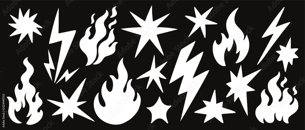 Fototapeta premium Abstract fire flame and lightning bolt icon set in minimalist vector style. White energy symbols and starbursts on black background for tattoo, sticker and logo design. Modern art poster.