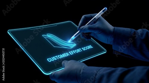 Person using stylus on futuristic tablet displaying customer effort score with checkmark.