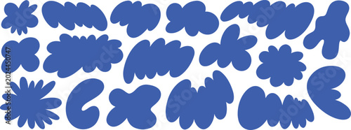 Abstract organic blob shape collection with bold blue fluid forms for modern graphic design projects. Trendy retro vector elements isolated on light background. Creative liquid doodle set for posters 
