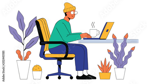 Foto Remote worker, office illustration, laptop and plants, modern workspace, vector