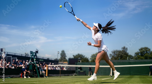 Professional female tennis player serving a tennis ball with power and precision on a grass court during a sunny tournament match with a crowd in the background