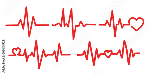 Photos Red heartbeat and ECG line icon set illustration isolated on a white background, perfect for medical, health, cardio, and love design elements