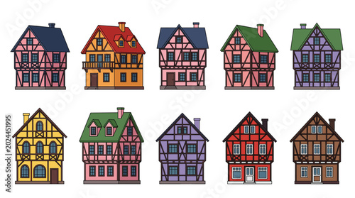 Fotografie Colorful Medieval Half Timbered European Houses Collection with Vintage Village Architecture and Fairytale Town Buildings for Fantasy Game and Travel Designs