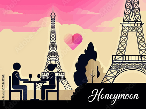 Tableau sur toile Romantic Honeymoon in Paris Couple Having Dinner in Front of the Eiffel Tower Ve