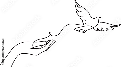 Tableau sur toile Continuous one line hand releasing flying dove illustration with elegant minimal abstract contour design