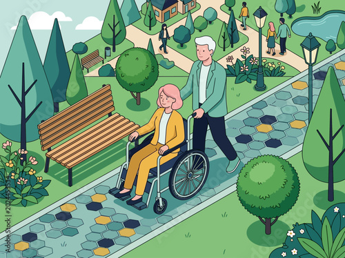Obraz na płótnie Senior Man Pushing a Woman in a Wheelchair Through a Public Park, Isometric Flat